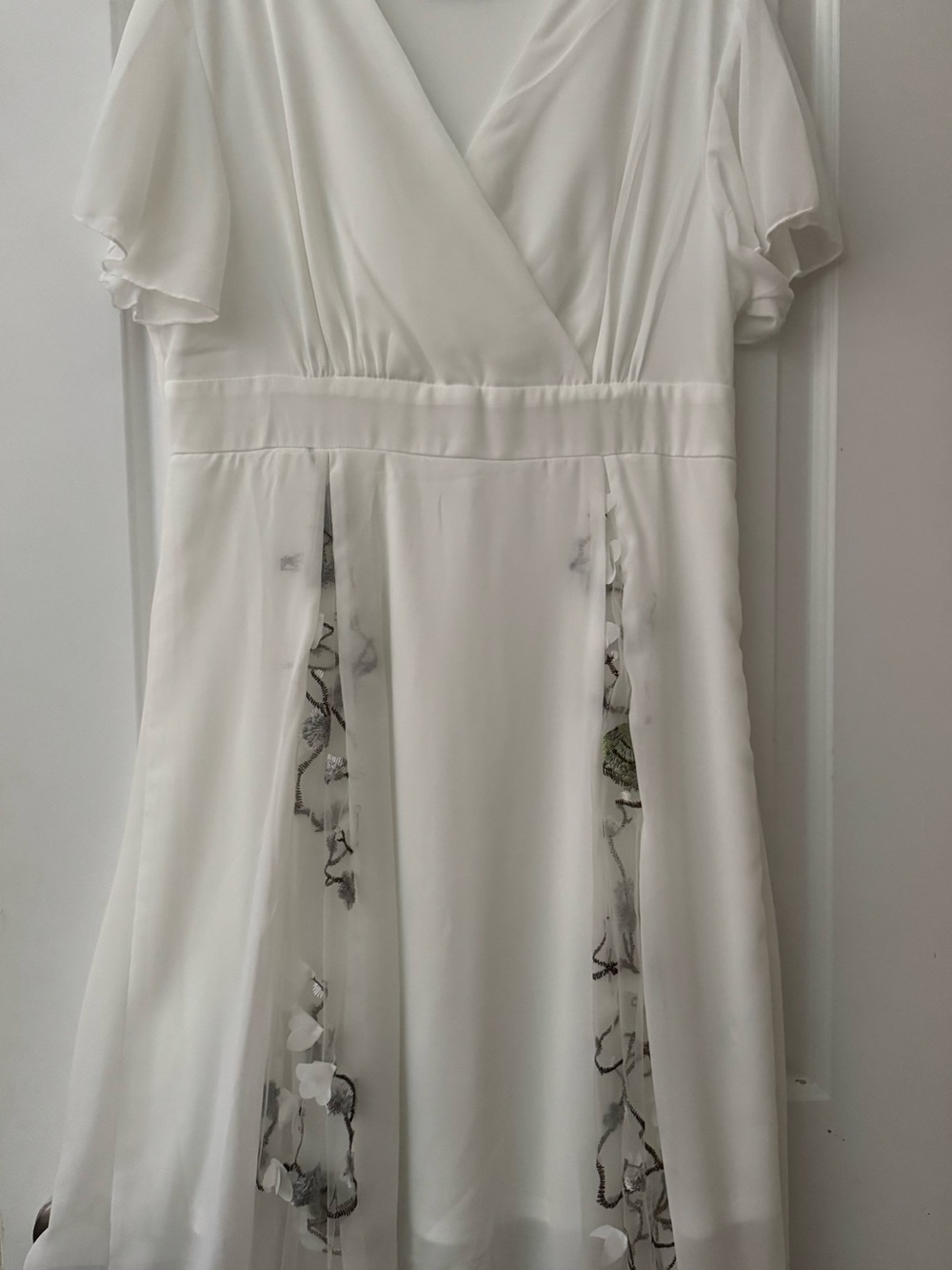 White V-Neck Flutter Sleeve Dress with Sheer Floral Insets